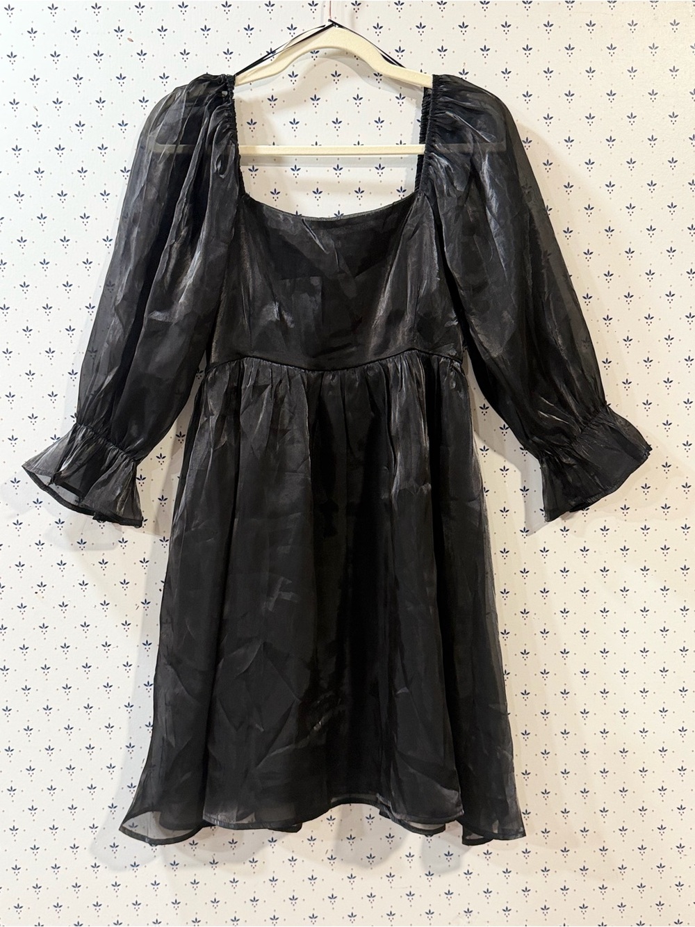 Entro Black Organza Shimmer Puff Sleeve Babydoll Mini Dress - Size L
